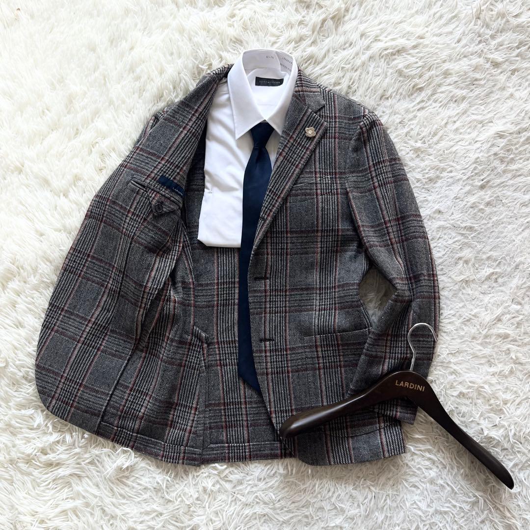 <美品>LARDINI グレー チェック ウール ジャケットサイズ42