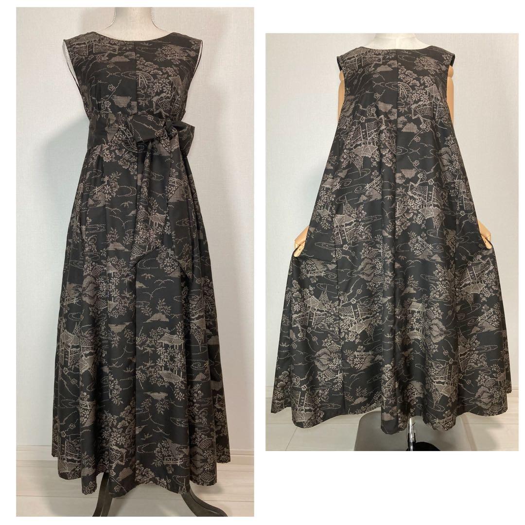 着物リメイク　大島紬ロングフレアワンピース（後ろVネック）着丈122㎝