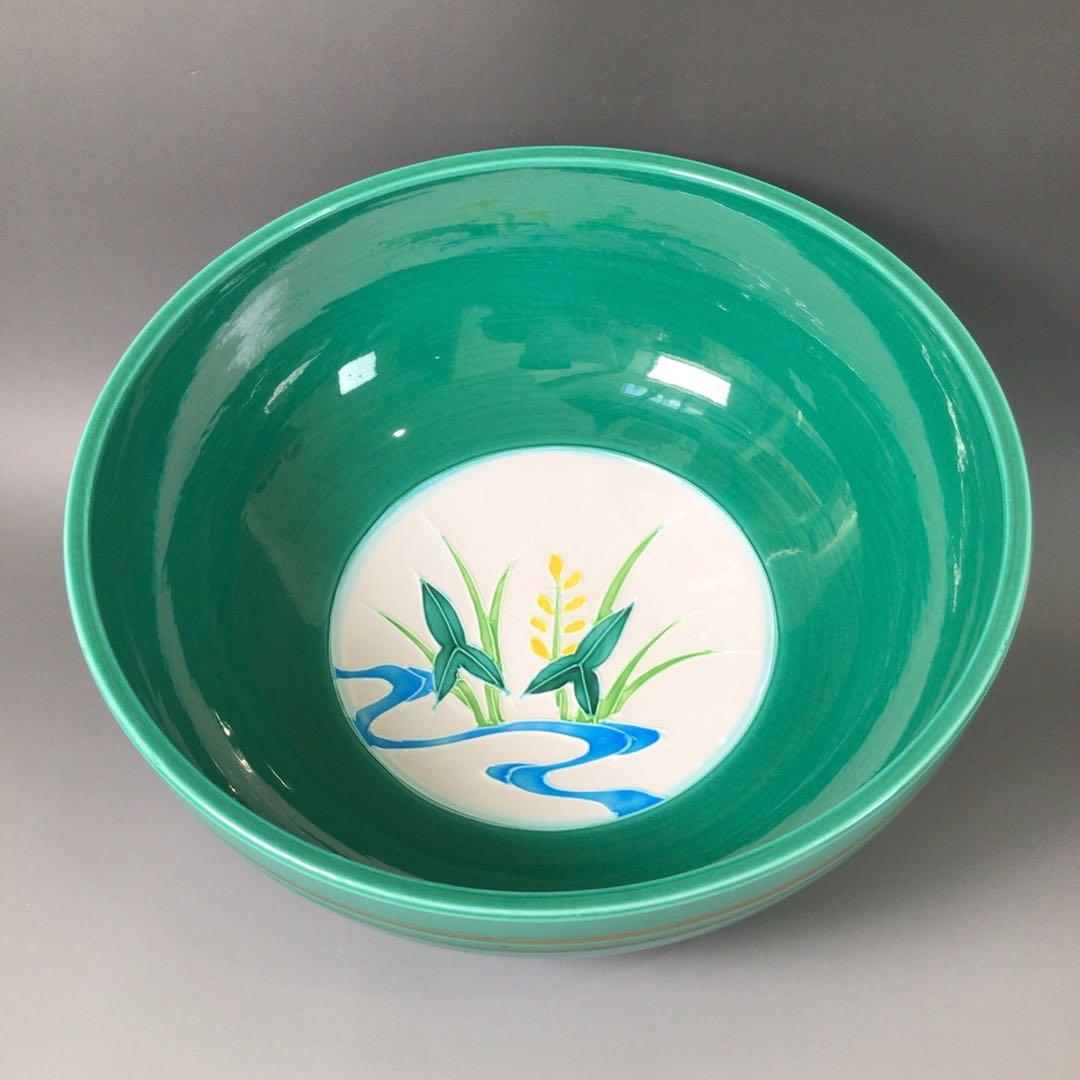 Ｒ９７５　水指　『御室窯造』『流水草花文』『青交趾』『平水指』　共箱　茶道具