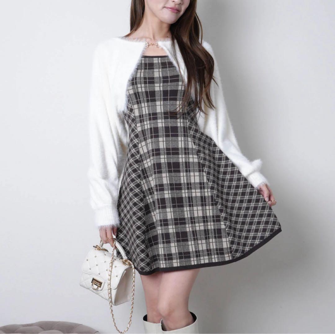 20新品リップサービス定価13090円フェザーチェックアンサンブルワンピース茶M