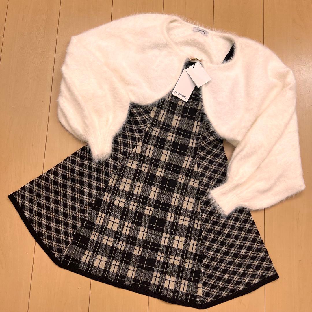 20新品リップサービス定価13090円フェザーチェックアンサンブルワンピース茶M