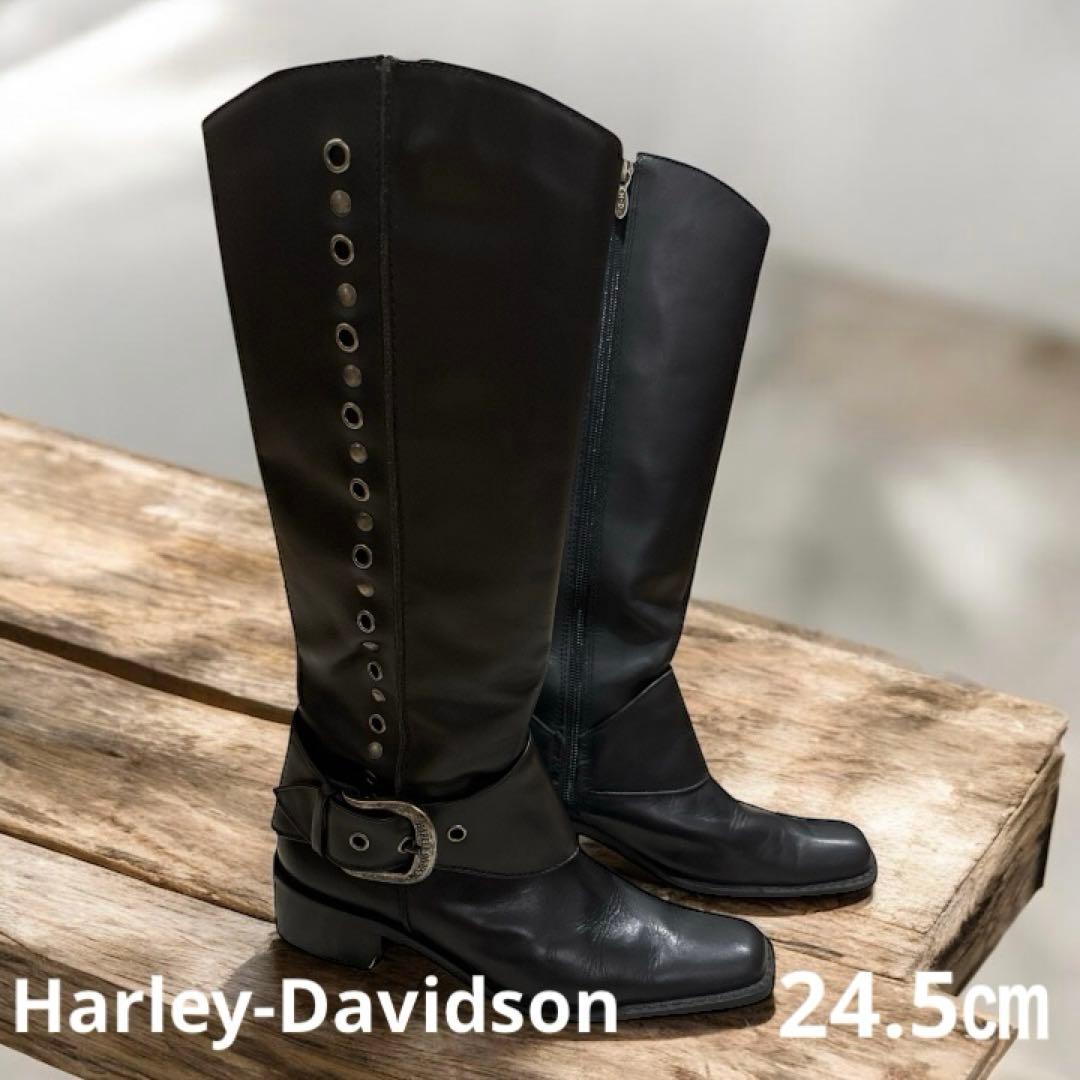 HARLEY-DAVIDSONロングブーツ サイドジップ ロゴバックルブラック