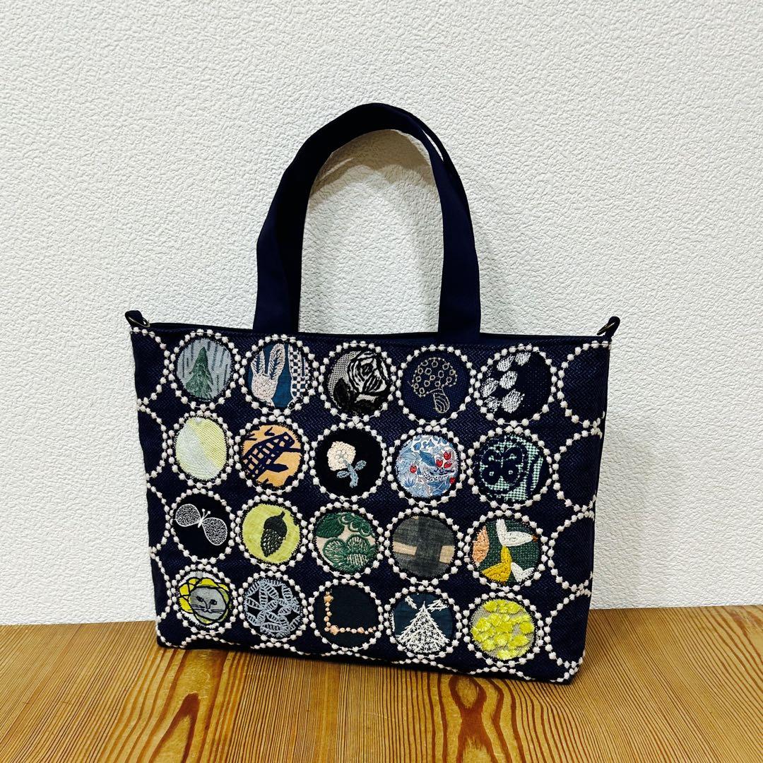 ハンドメイド　トートバッグ　ミナペルホネン　タンバリンネイビー+アップリケ