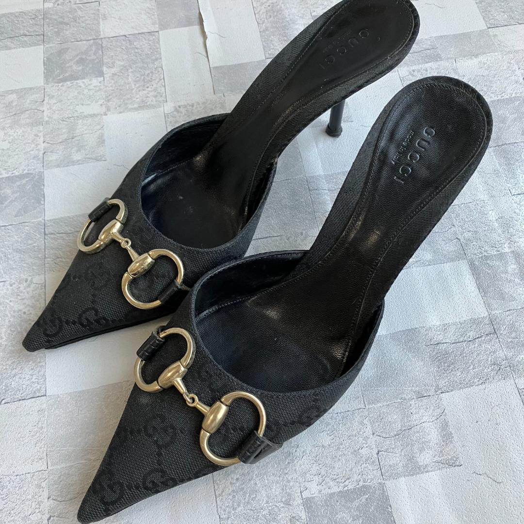 GUCCI ミュール ヒール ホースビット GG柄 ポインテッドトゥ