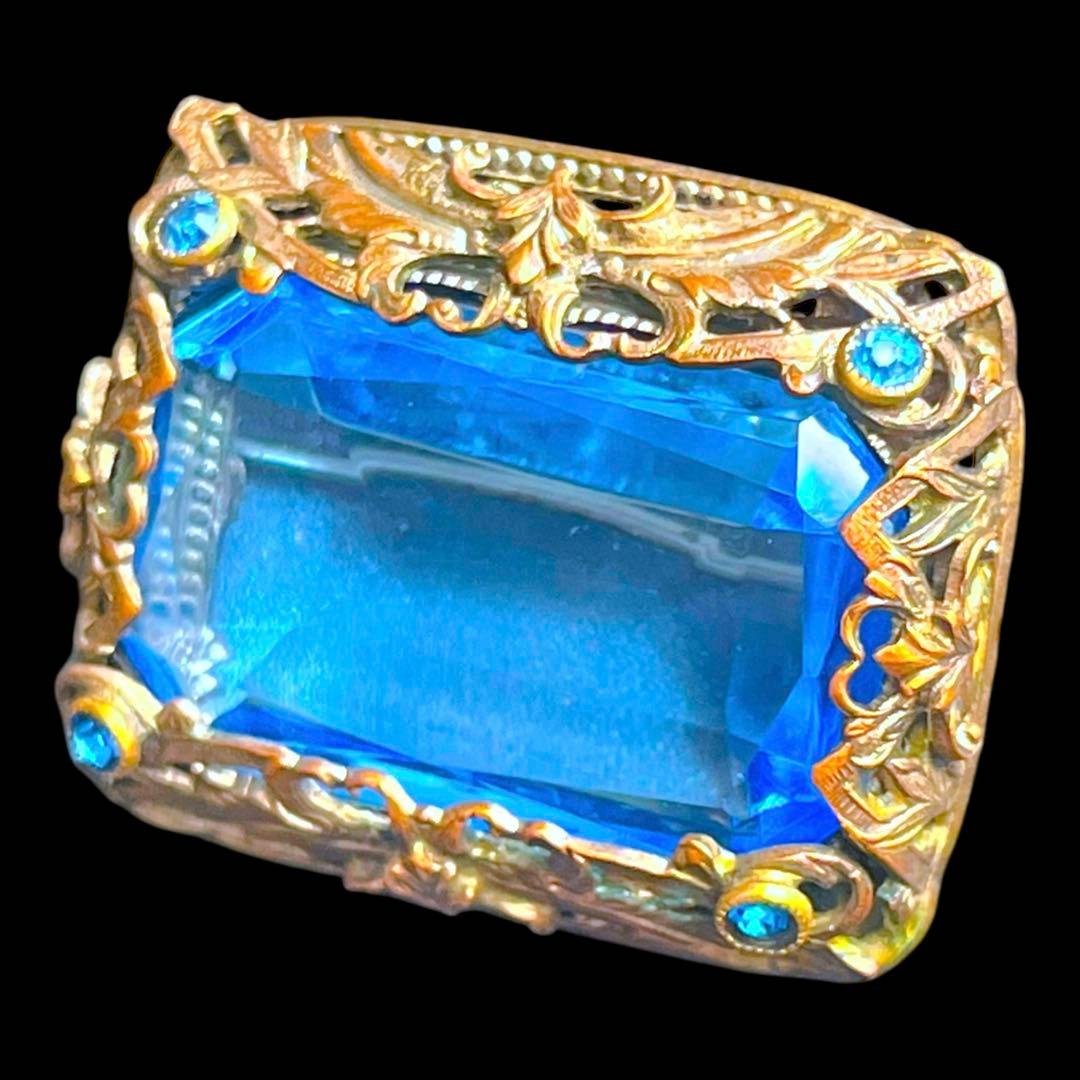 アール・デコアクセサリー☆ブルーウランガラス☆ボタニカルレクタングルブローチ