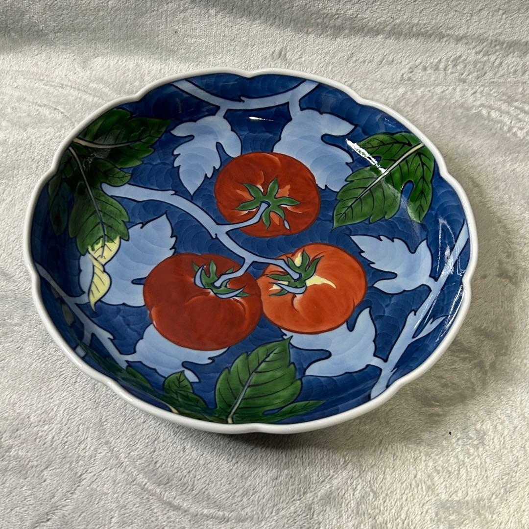 【希少•美品】源右衛門窯 染錦蕃茄文 大皿 26cm トマト柄 深皿 有田焼