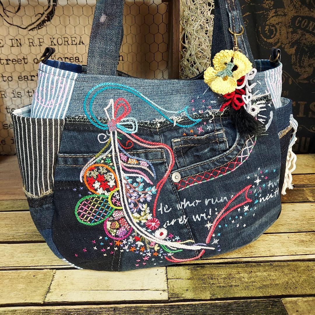 【ぽこぽん】刺繍デニムバックNo.633　刺繍ポーチNo.183