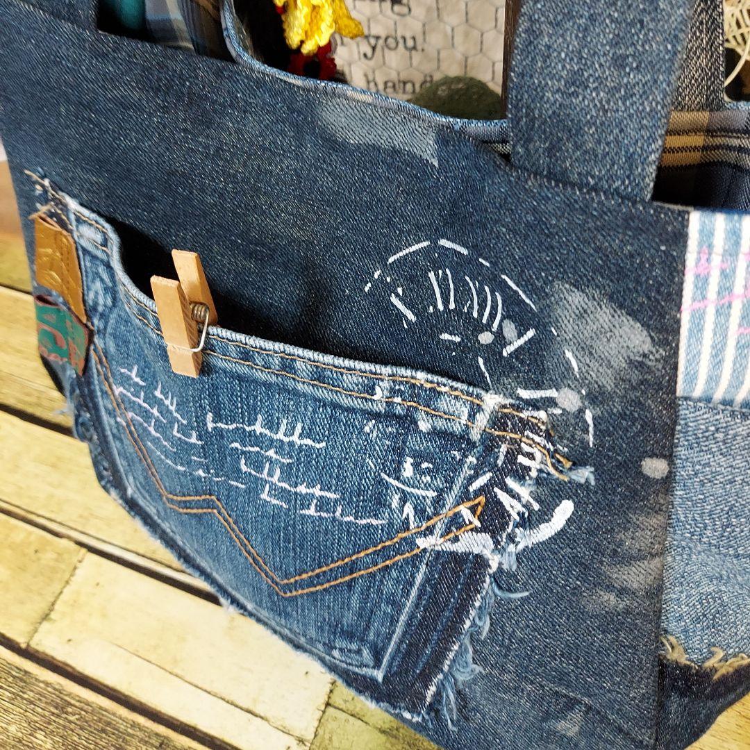 【ぽこぽん】刺繍デニムバックNo.633　刺繍ポーチNo.183