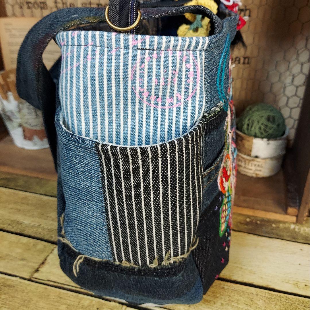 【ぽこぽん】刺繍デニムバックNo.633　刺繍ポーチNo.183