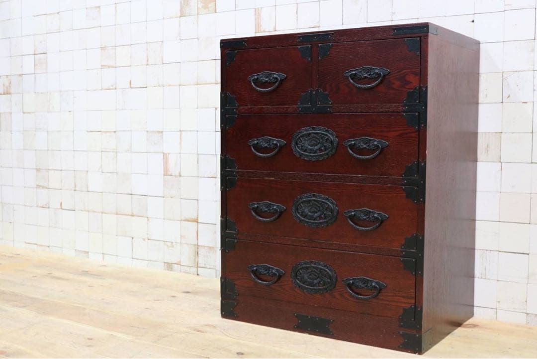 GMFK770○民芸家具 欅材 整理箪笥 時代箪笥 4段チェスト 鉄金具 和家具