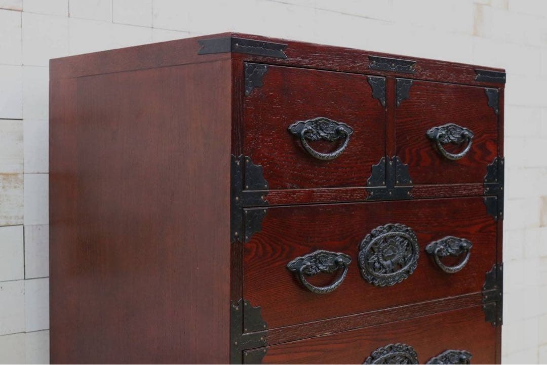 GMFK770○民芸家具 欅材 整理箪笥 時代箪笥 4段チェスト 鉄金具 和家具