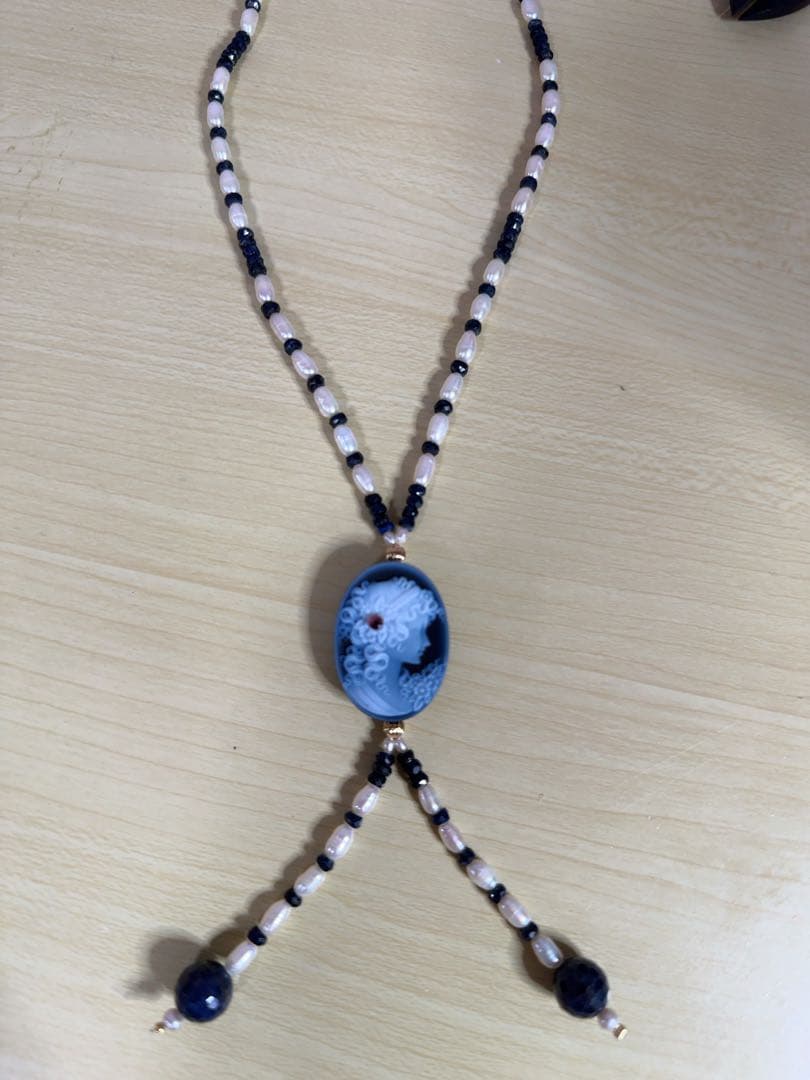 天然石瑪瑙カメオパール&サファイアコンビデザインネックレス　K18金