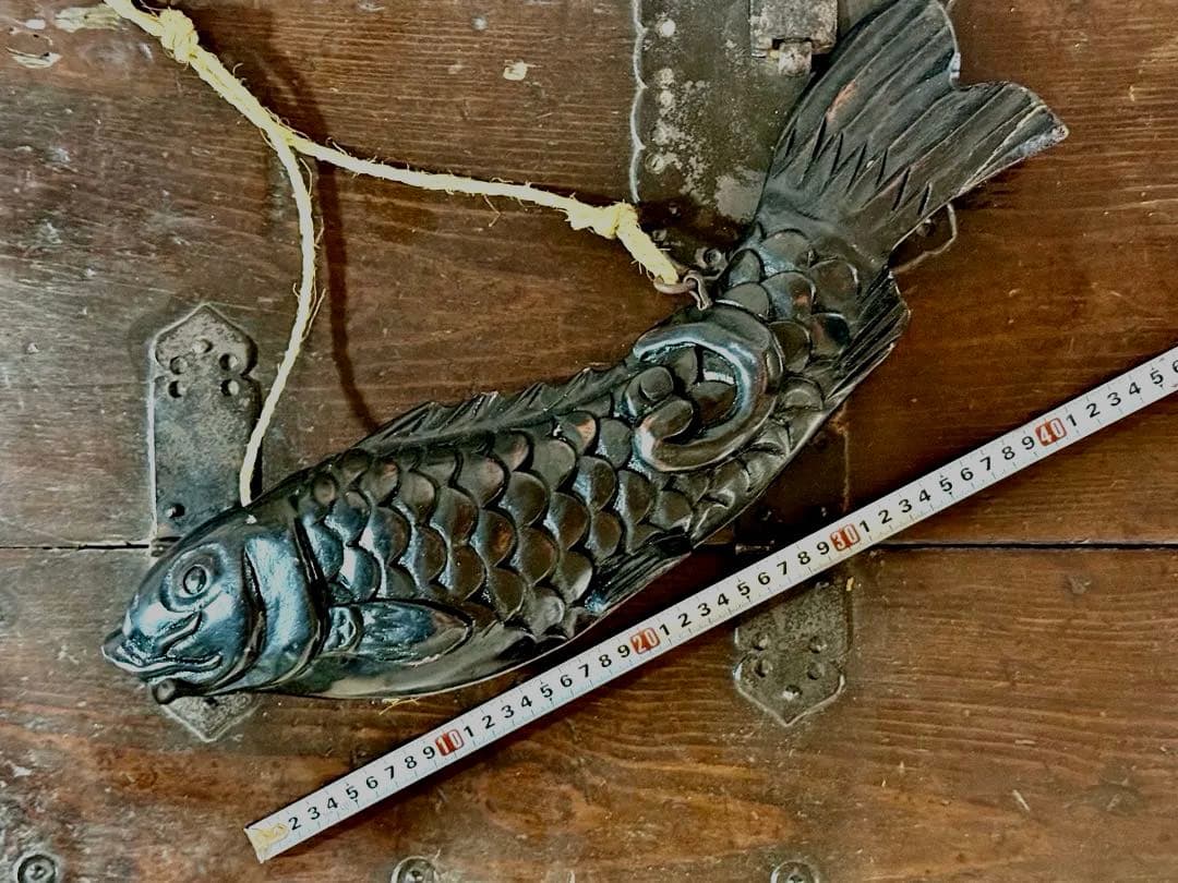 【民藝】囲炉裏・自在鉤◇木彫りの鯉・荒縄付@Folk Art