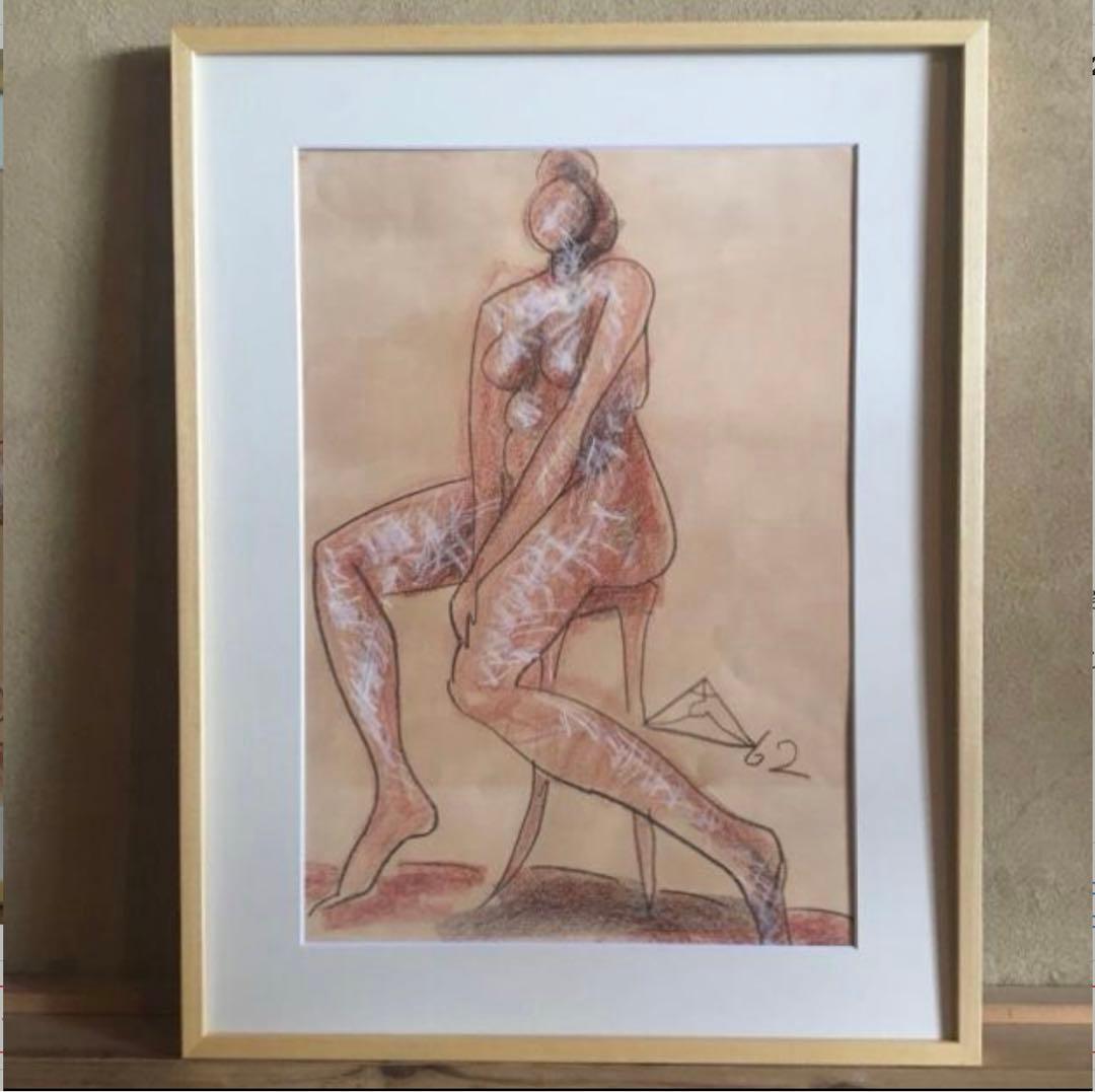 木内克　パステル画　裸婦像　女性　サイン入り　額付き　21.06.13-2