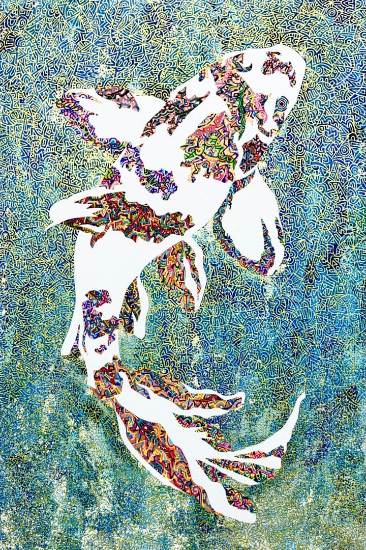原画　鯉　動物画　絵画　アクリル画　現代アート　細密画　手描き　一点物