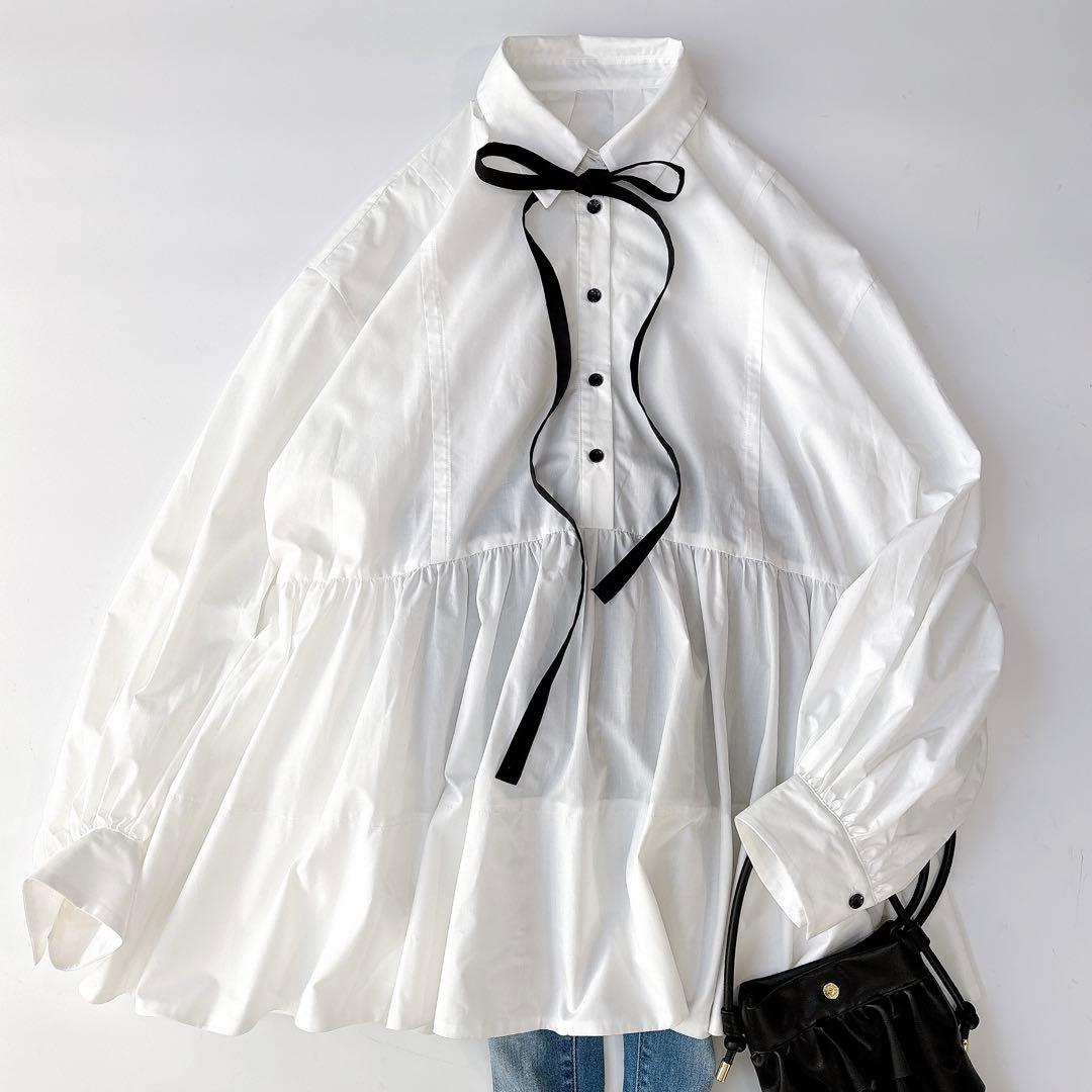 美品⁑CADUNE カデュネ　ボウ付きシャツチュニック　ホワイトブラック　洗える