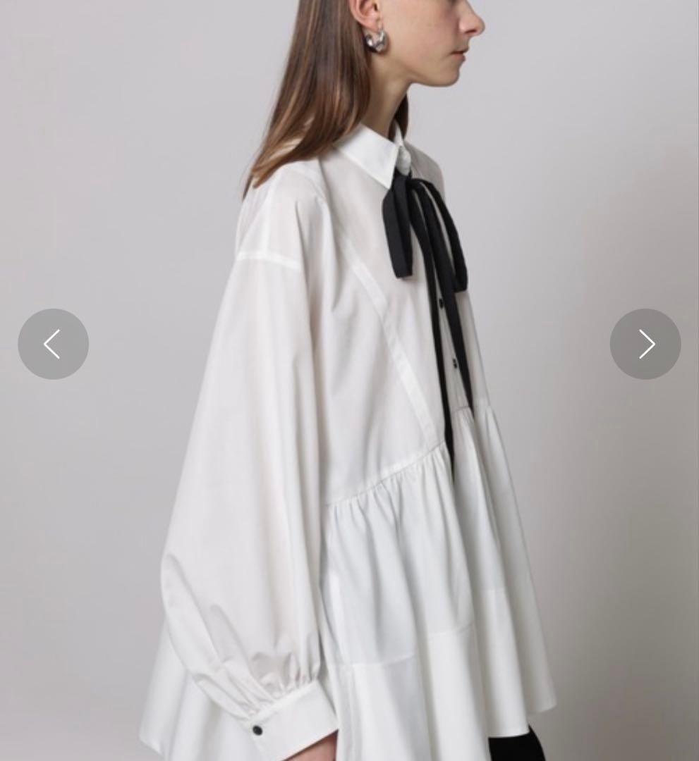 美品⁑CADUNE カデュネ　ボウ付きシャツチュニック　ホワイトブラック　洗える