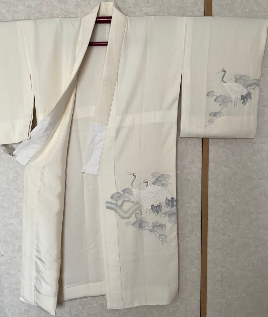 長襦袢◎袷 生成り 白 薄墨のつがいの立鶴 松の枝振り 水墨画 落款付