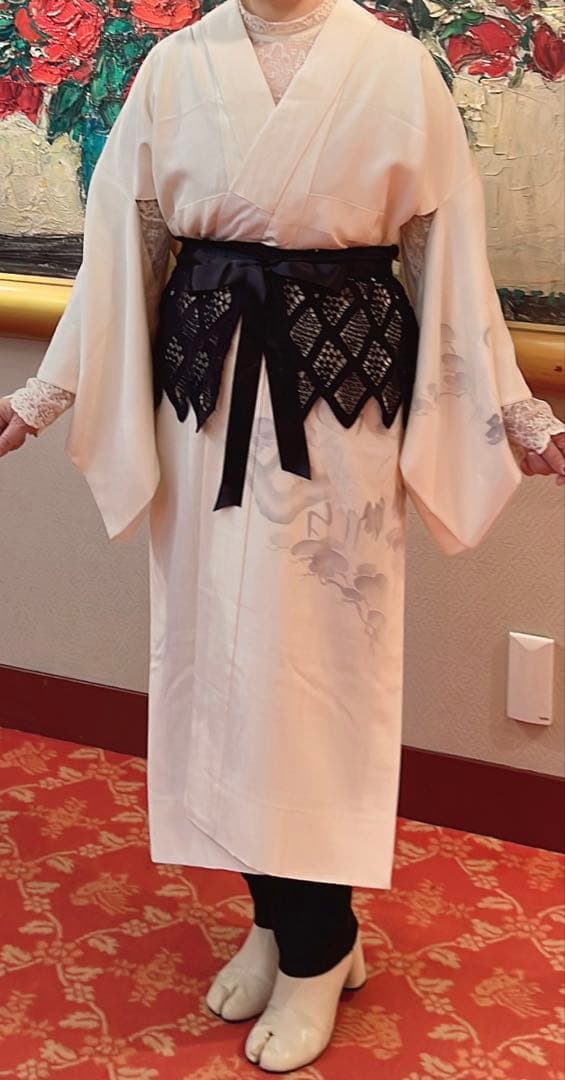 長襦袢◎袷 生成り 白 薄墨のつがいの立鶴 松の枝振り 水墨画 落款付