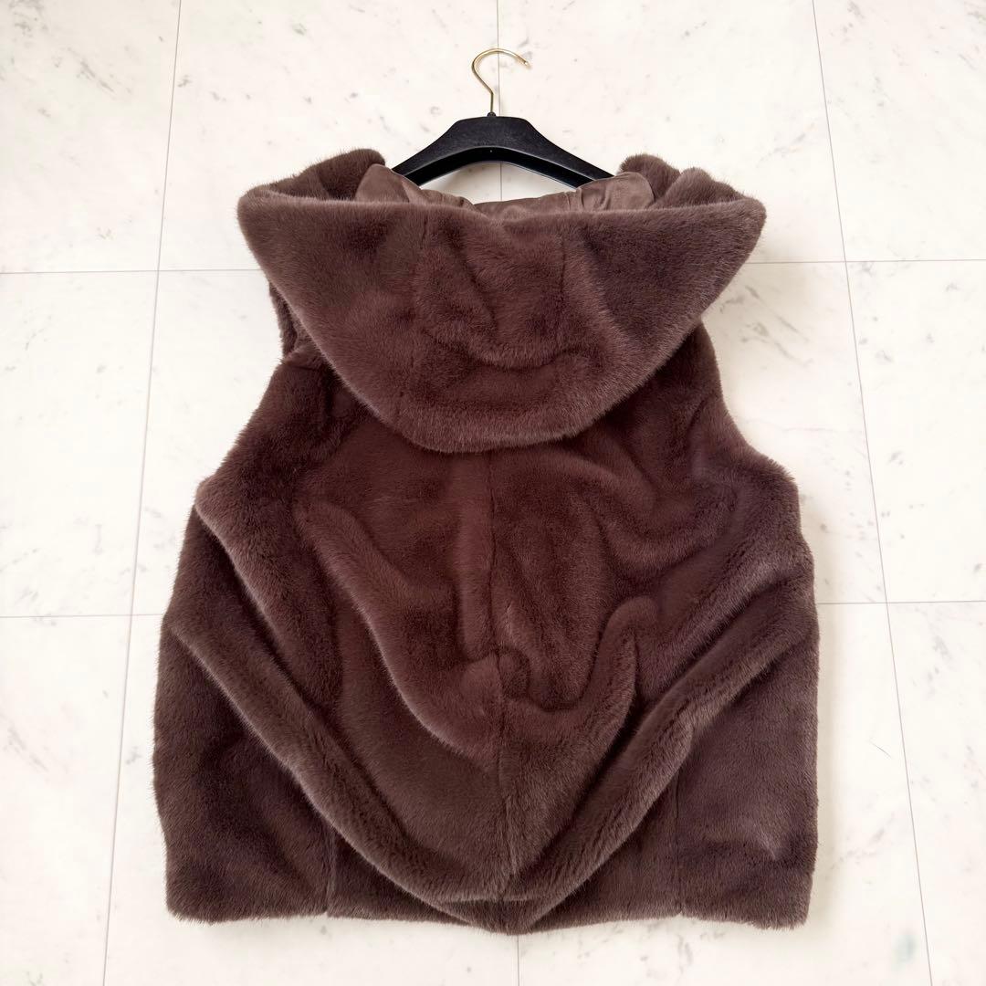 人気色❤️arpege story ファージップベスト　ブラウン　フード　M