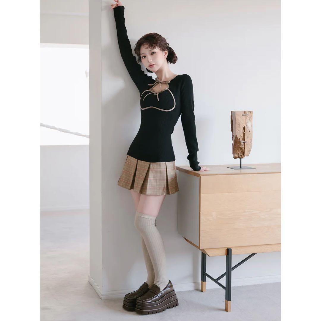 新品タグ付 ダーリッチ ポイントチェックニットミニワンピース フリー ブラック