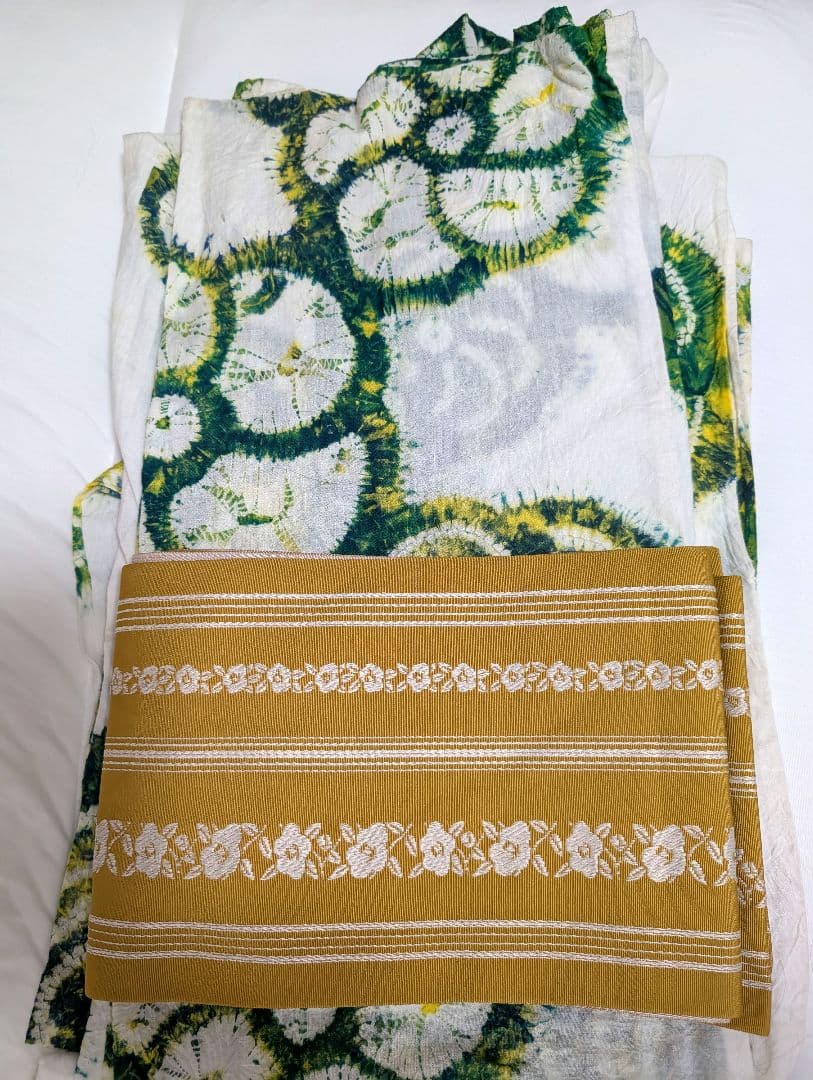 有松鳴海総絞り浴衣、身丈150cmグリーン系