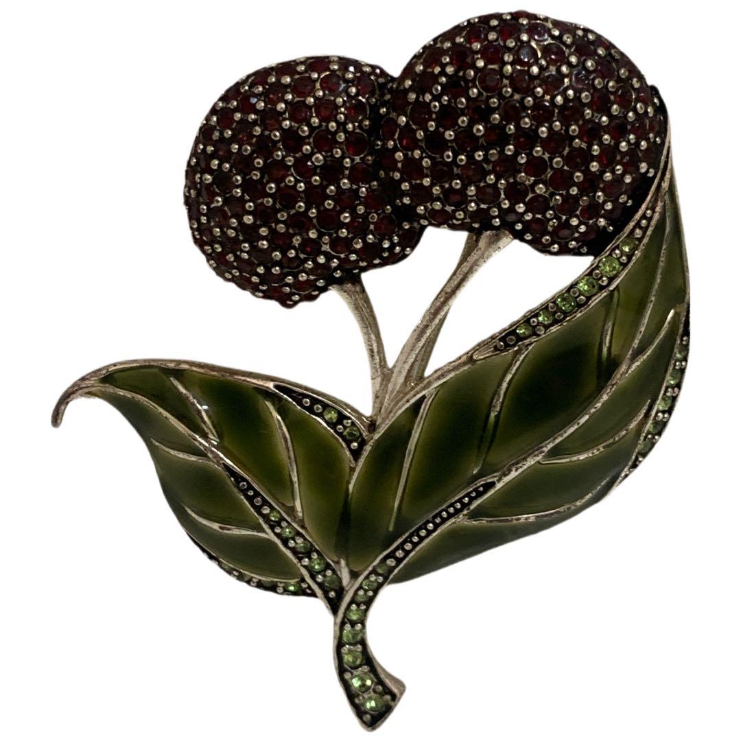 MONET VINTAGE チェリー リーフモチーフ ストーン装飾 ピンブローチ