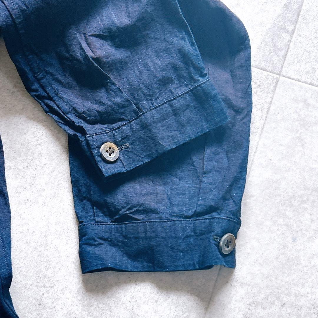 美品✨45R ロングワンピース インディゴ ベルト フレア ピンタック R刺繍