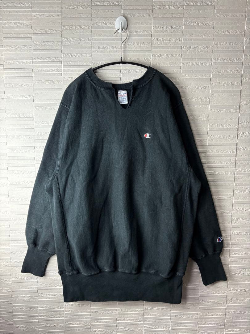 90s チャンピオン 目付きロゴ　リバースウィーブ スウェット　黒無地　XL