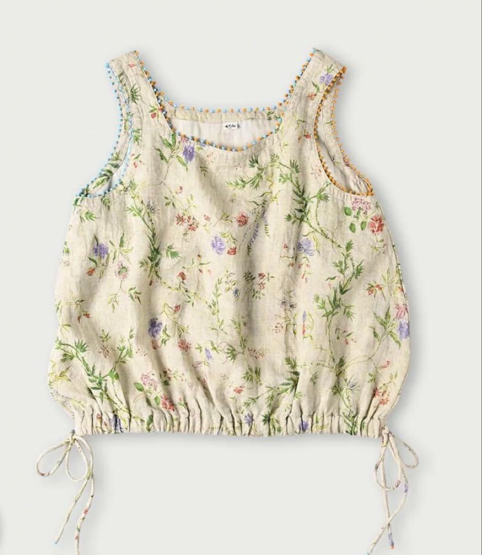 ４５R インド綿麻ダンガリー二重織フラワープリントのぽよんキャミソール