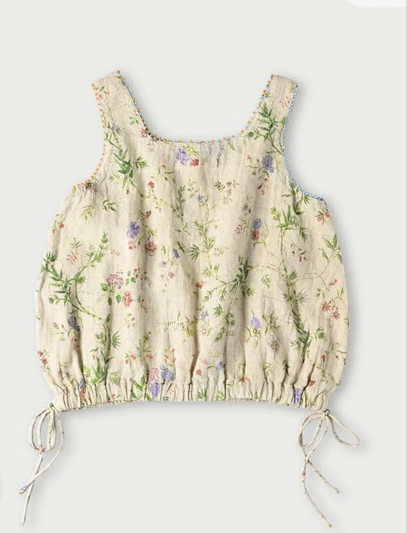 ４５R インド綿麻ダンガリー二重織フラワープリントのぽよんキャミソール