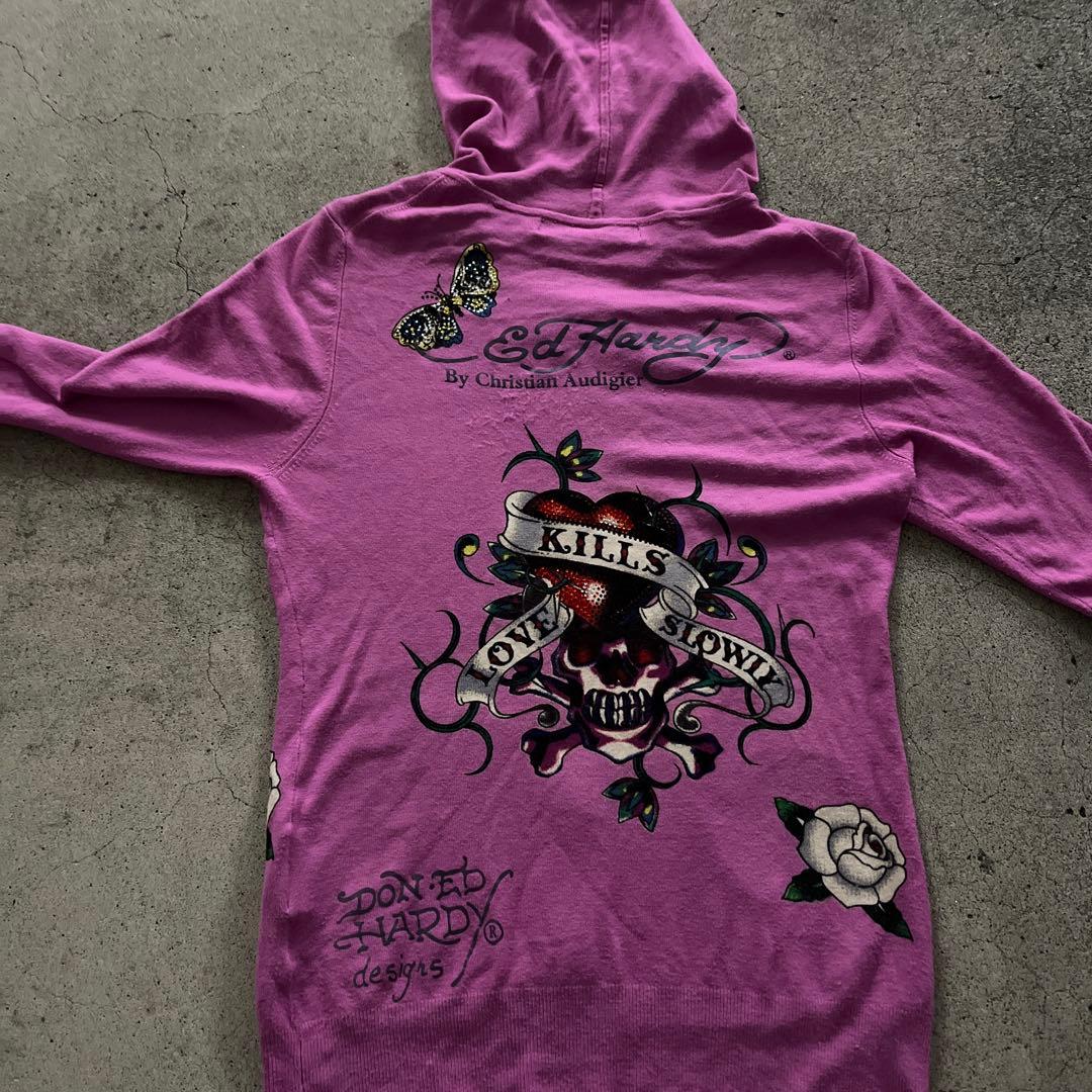 エドハーディー　ジップパーカー　 ピンク　刺繍　y2k 平成ギャルラインストーン