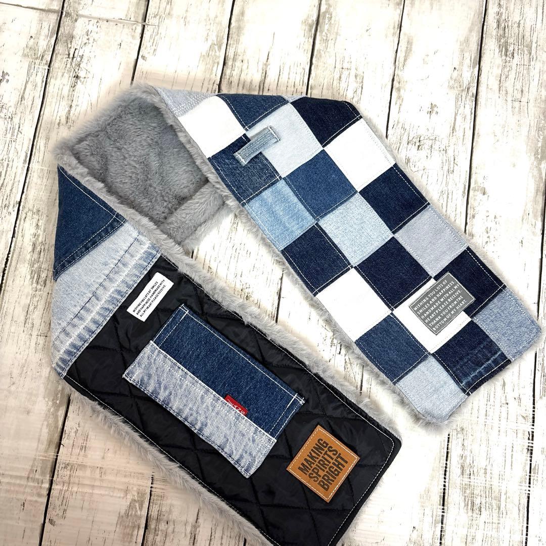 デニムリメイクマフラー　❤️ファー　パッチワーク　♥︎男前