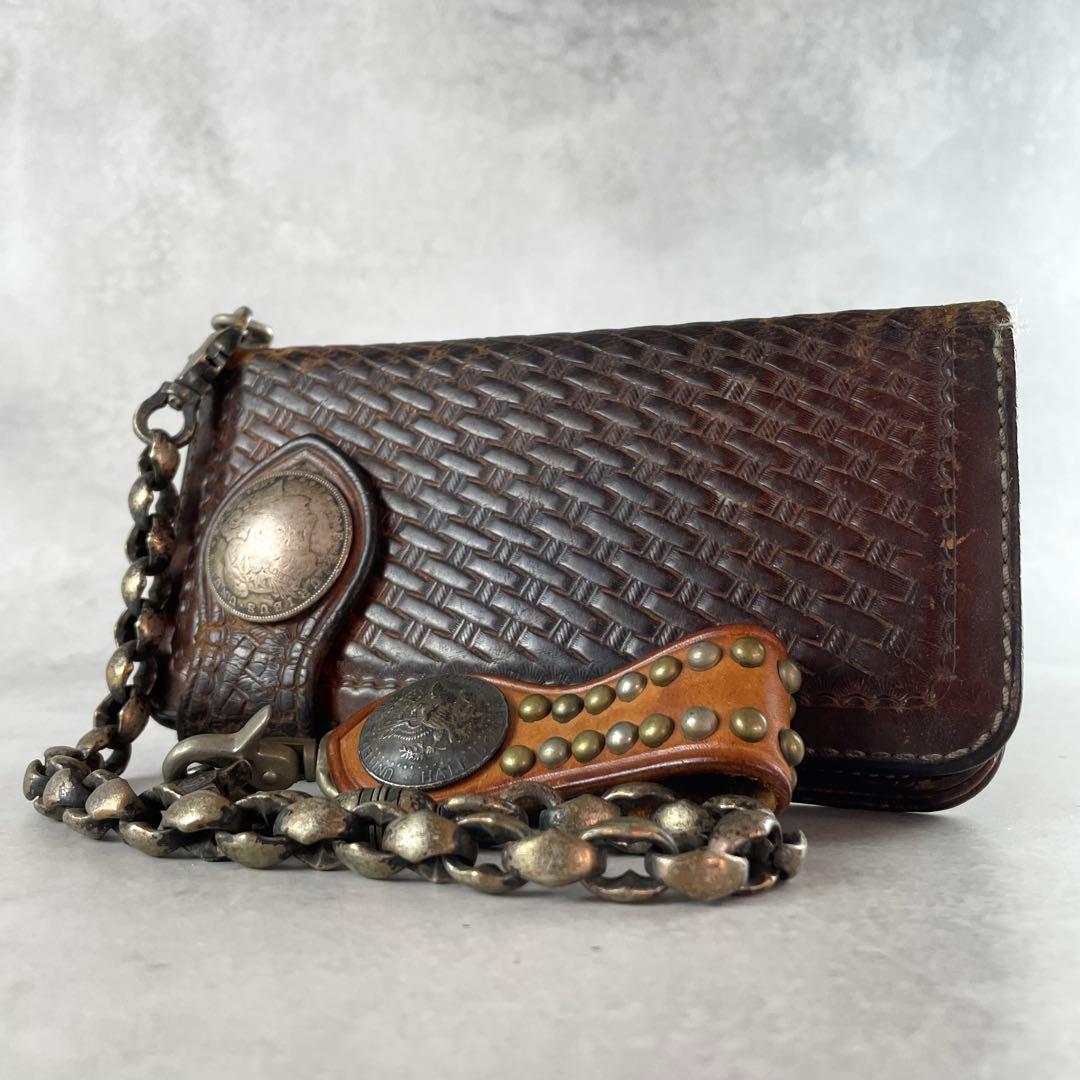 入手困難✨ ファニー 長財布 チェーンウォレット 編み込み レザー 本革 茶色