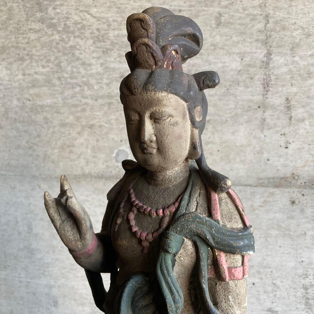 古い仏像 観音菩薩 立像 木製 木彫り 彫刻 置物 古美術 骨董品 レトロ