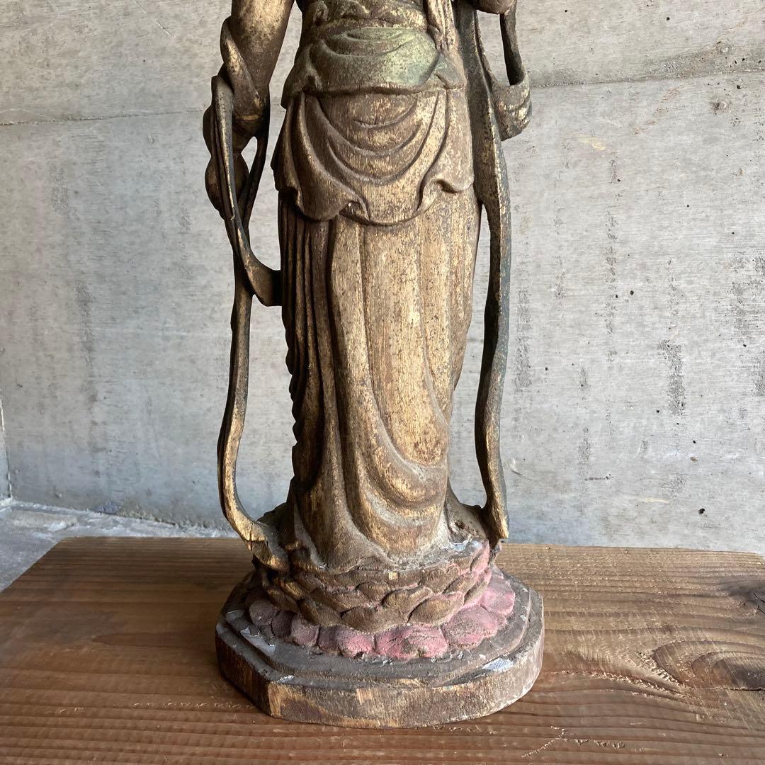 古い仏像 観音菩薩 立像 木製 木彫り 彫刻 置物 古美術 骨董品 レトロ