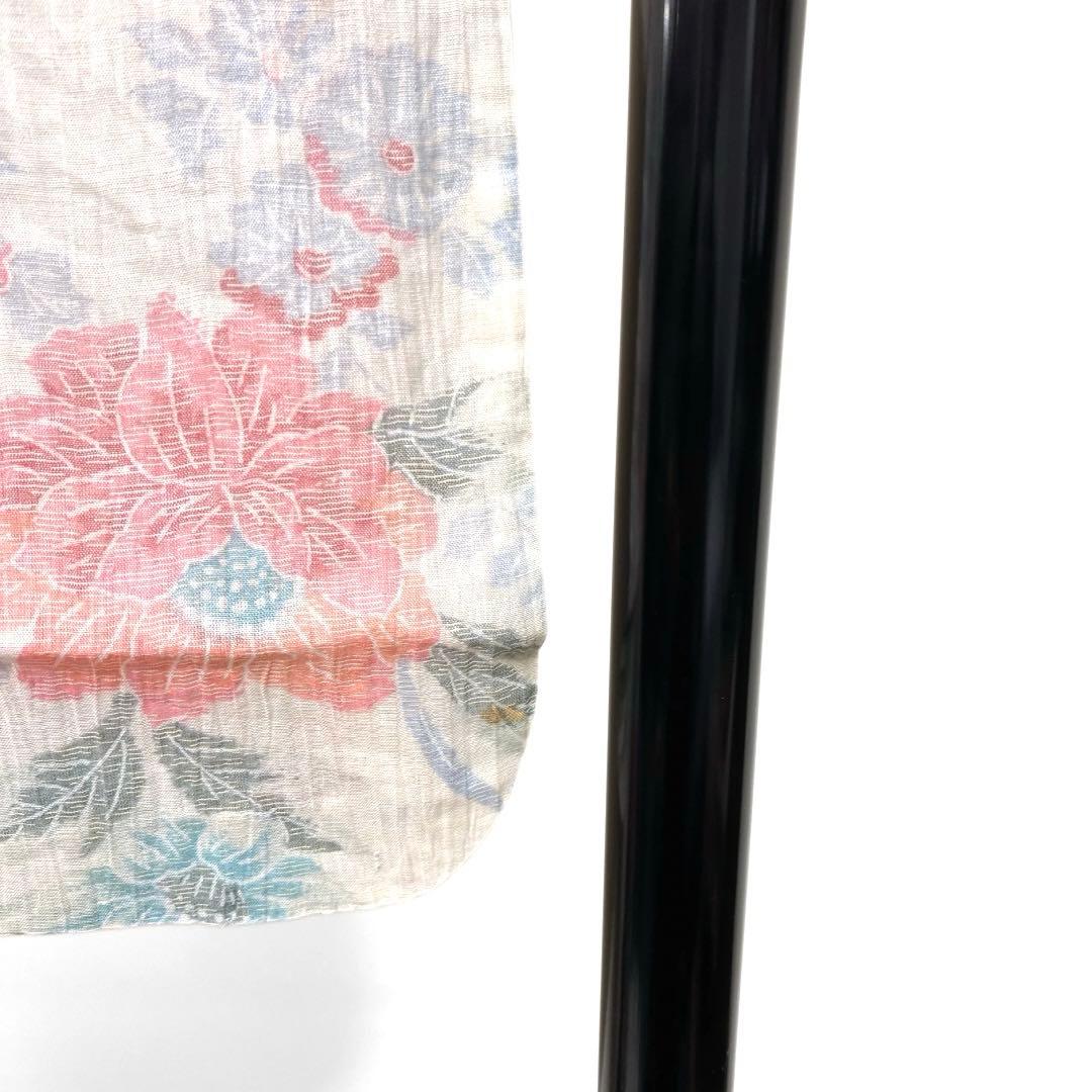 小紋　小千谷ちぢみ　麻　花模様　菊　牡丹　オフホワイト　着物　074a d