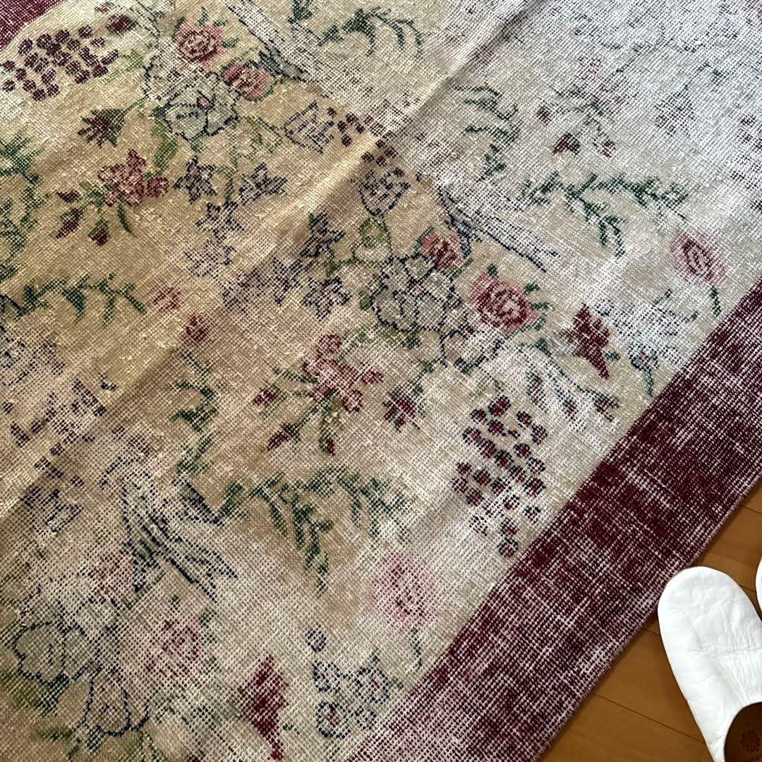 111×207 擦れシャビー　幸せな青い鳥　トルコヴィンテージラグ