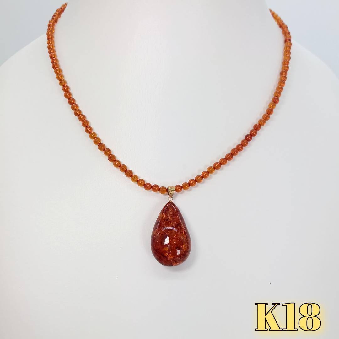 琥珀 ネックレス 18K 天然石 アンバー パワーストーン 18金 しずく型