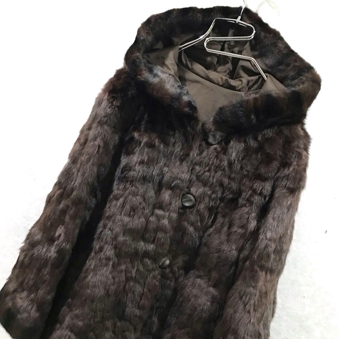 毛皮 リアルファー リス皮 シルク コート 本革 高級 美品 ブラウン フリー