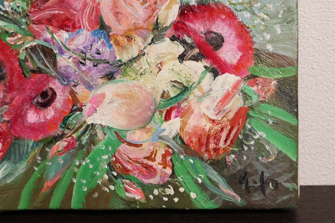 【真作】中島裕子 油彩 SM号「ファンタジーの花々」額装 ポピー 薔薇CM173