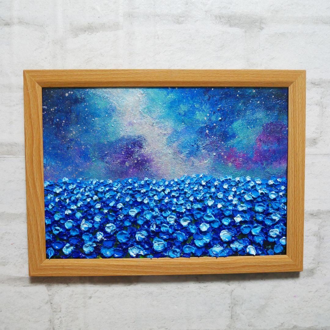油絵 油彩 油彩画 絵 絵画【ネモフィラの田んぼに輝く天の川】