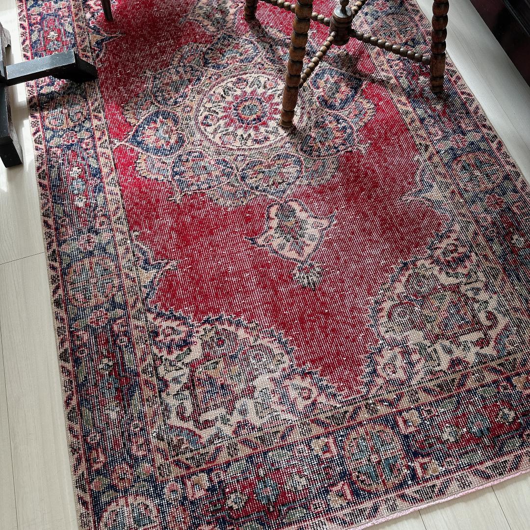 トルコヴィンテージラグ A61 レア レッド ネイビー ブルー グリーン