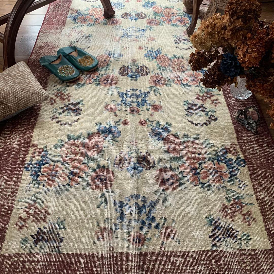 バーガンディ　トルコヴィンテージラグ　210×109 ボタニカル　 オーバーダイ