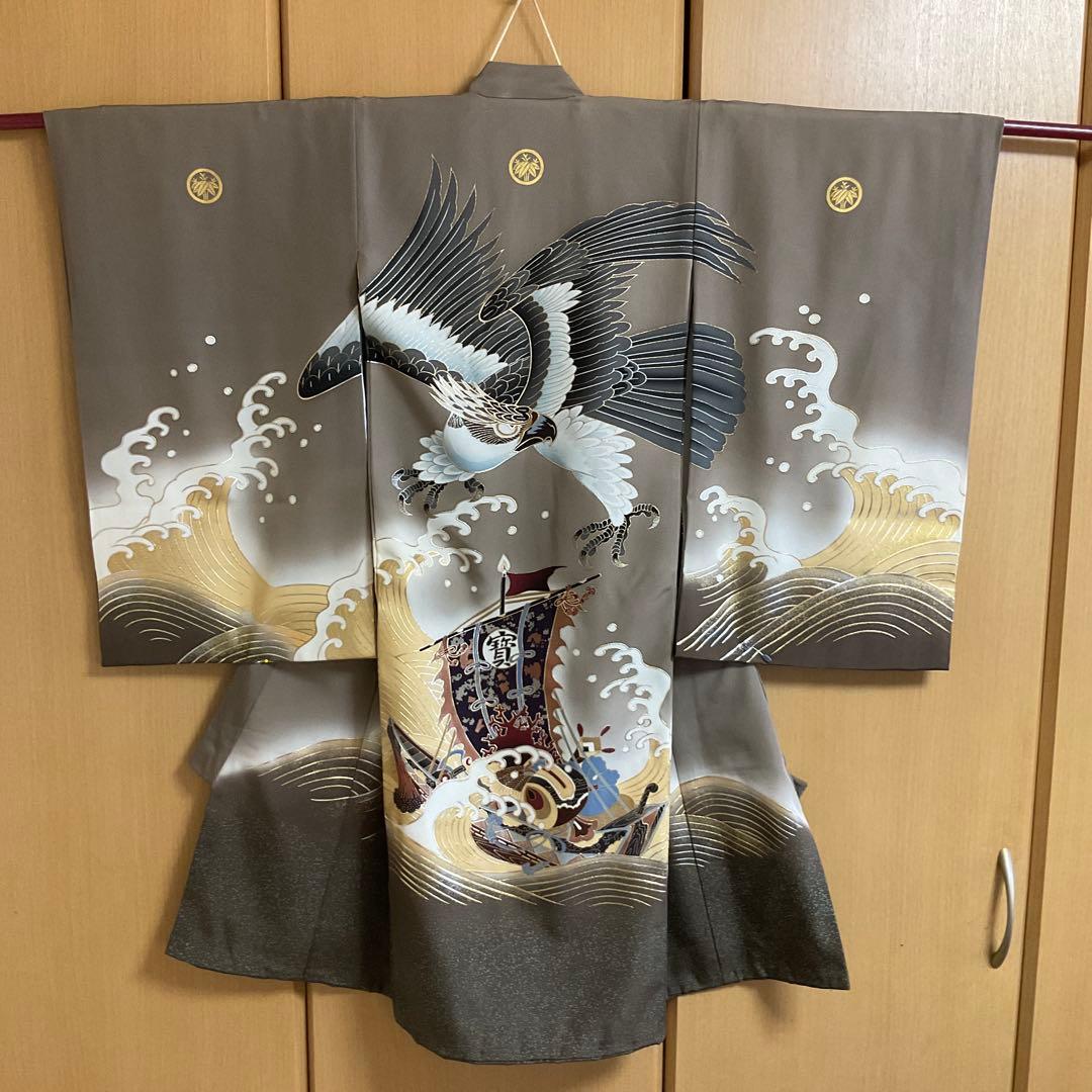 子供着物　男の子　祝い着　熨斗目　鷹　宝船　荒波　美品