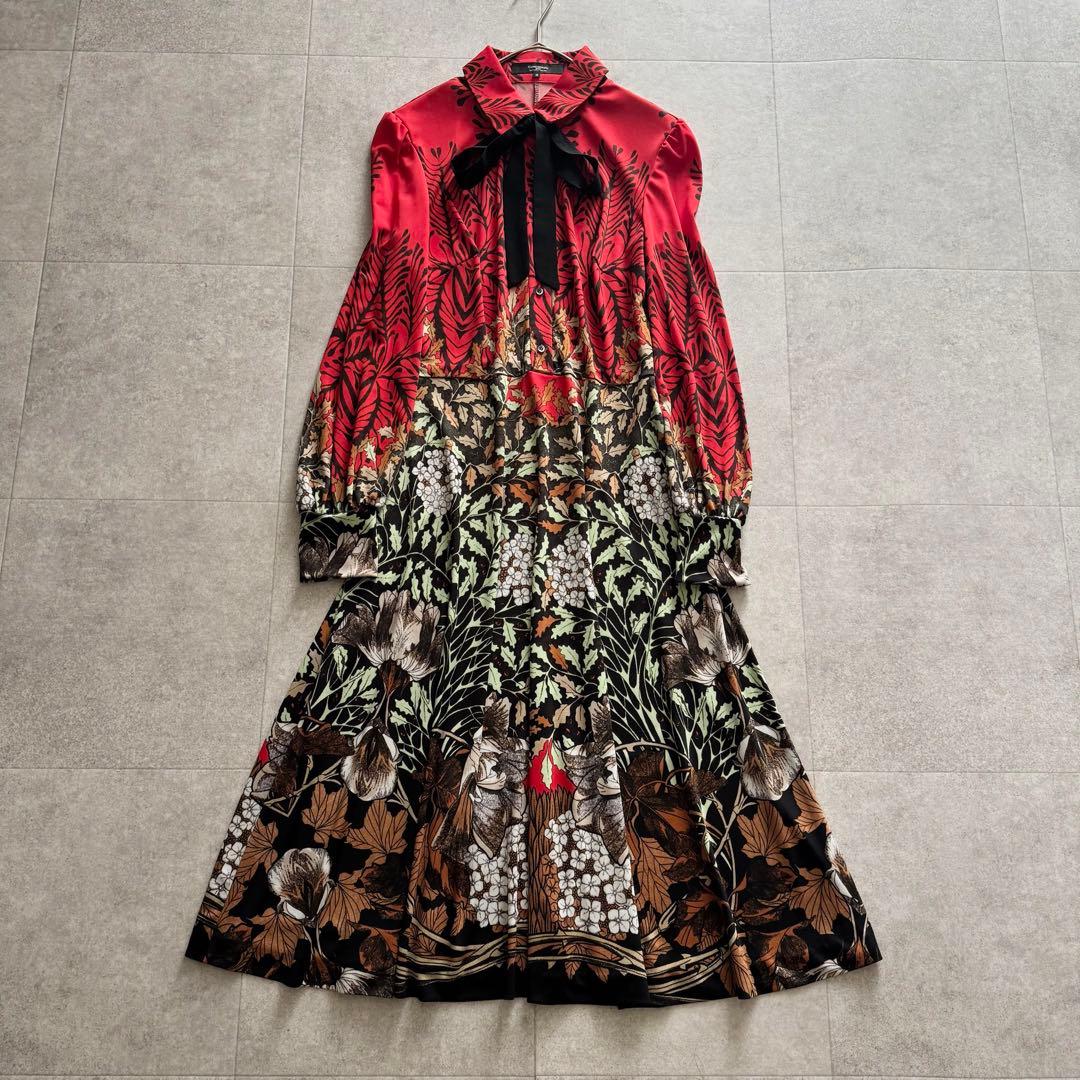 美品　コルコバード　ロングワンピース　ボウタイ　赤　総柄　M