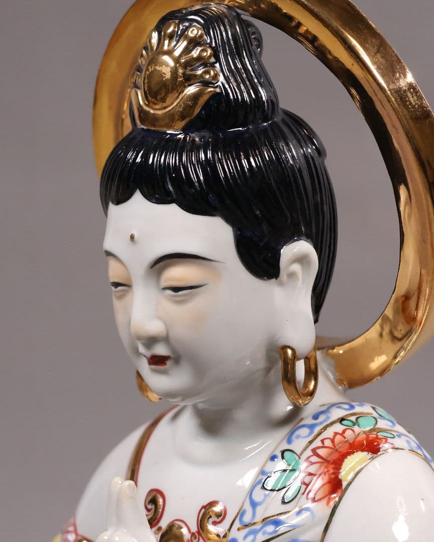 九谷焼 観音菩薩坐像 36.5cm 金彩 色絵 置物 仏像 陶磁器【MA816】