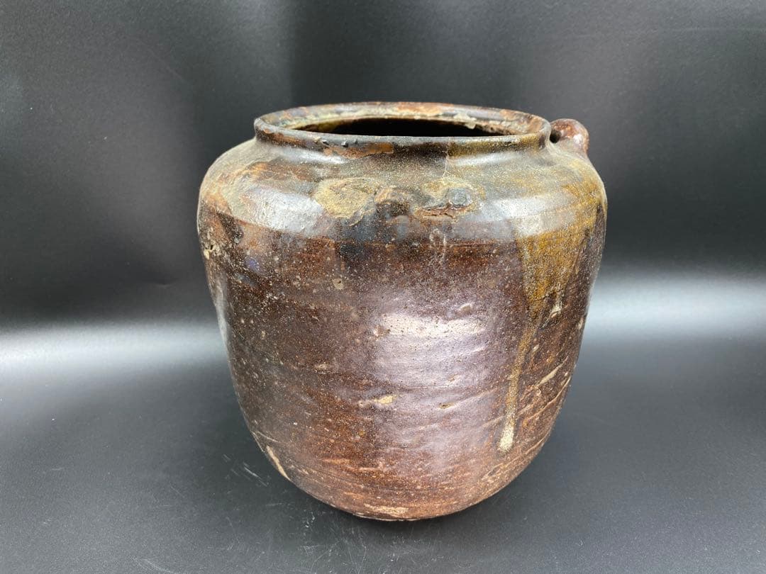 茶壺 耳付 古唐津 古薩摩 黒高麗 李朝 骨董 古玩 時代物 高21.7cm