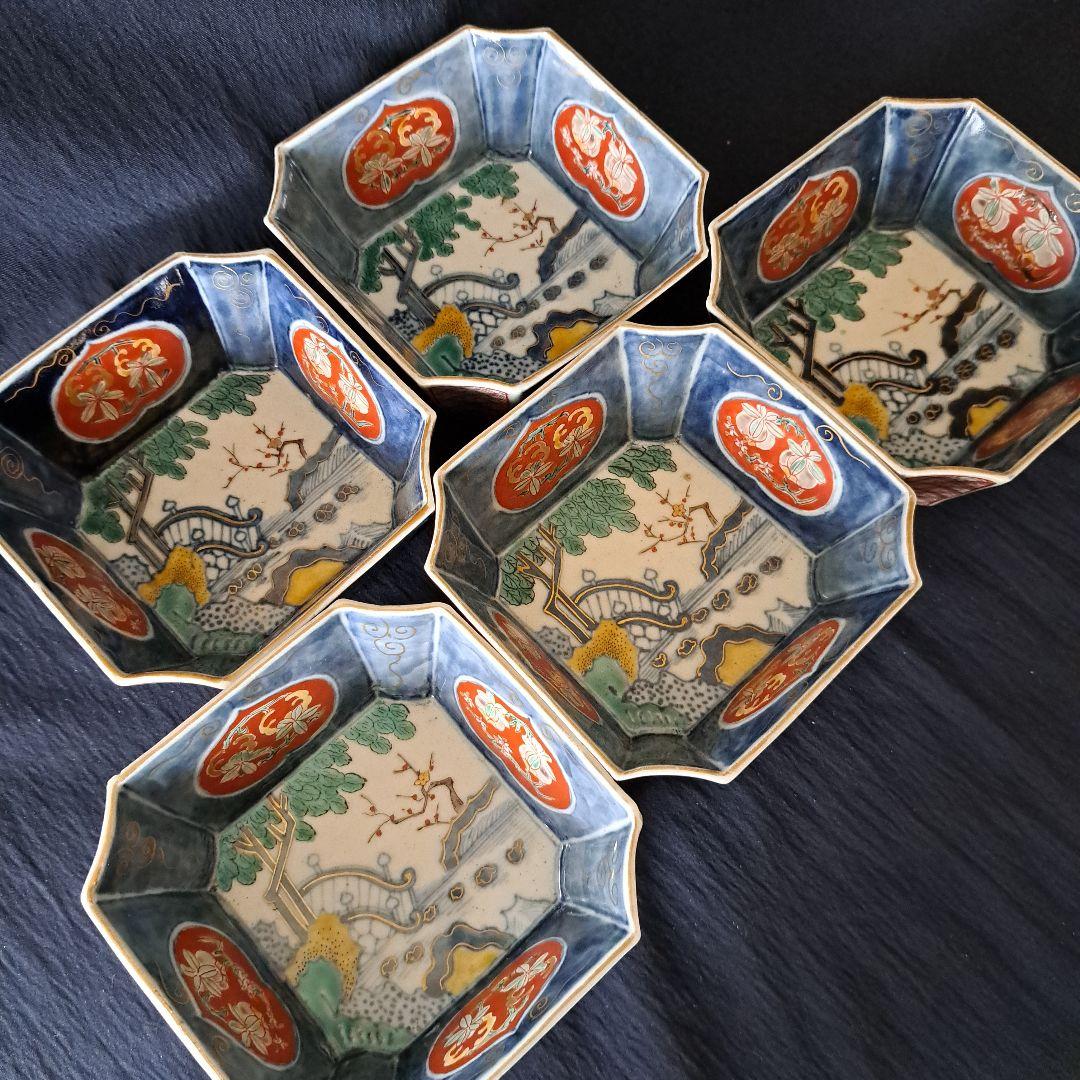 「柘榴(ざくろ)がいっぱい！」古伊万里 色絵 角向付 5客セット 骨董アンテ