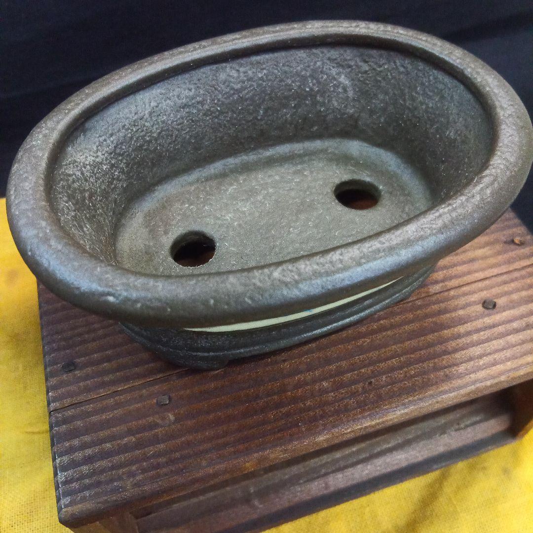 006.【陶翠】象嵌絵付/縁付楕円/盆栽鉢/木箱付き